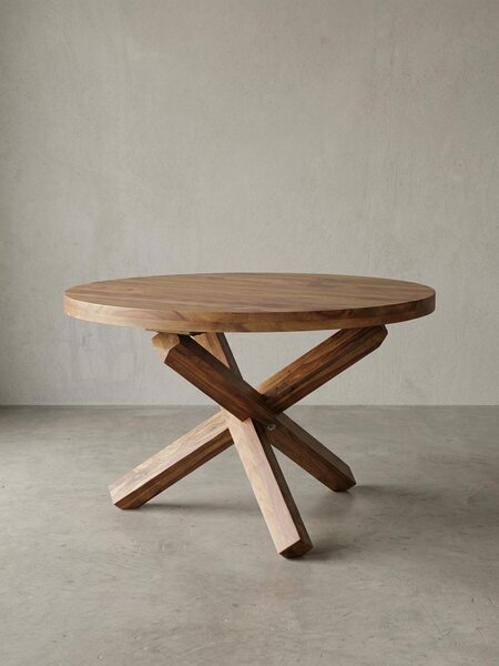 Tavolo da pranzo di design BOHA rotondo Ø 120 cm x 75 cm in legno massello di sheesham, tavolo da pranzo in stile rustico per 4 persone, tavolo da cucina per sala da pranzo marrone