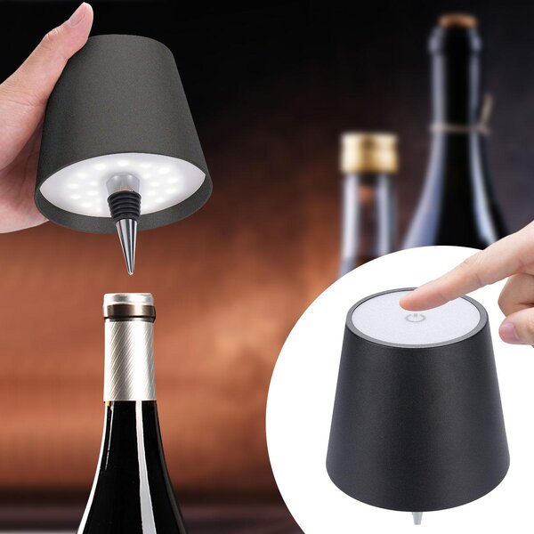 Elegante lampada a batteria per bottiglie, nera: dimmerabile, 3 tonalità di luce: trasforma le bottiglie in suggestive lampade