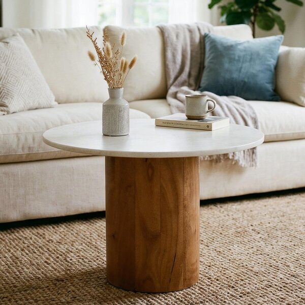 Tavolino YAMUNA rotondo 60 cm con piano in marmo, bianco/naturale - tavolo da soggiorno in marmo bianco e legno massiccio di acacia, design moderno, superficie di facile manutenzione, compatto per soggiorno e salotto