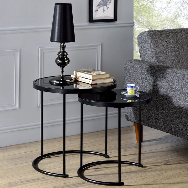 Set di 2 tavolini da salotto LEYRE, tavolini rotondi da salotto in set da 2 con piano in vetro nero, tavolini da salotto dal design moderno