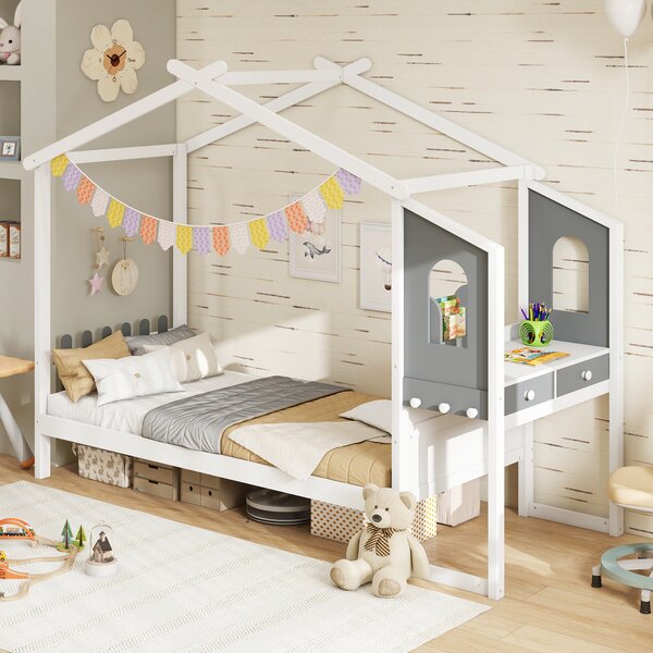 Letto a casetta 200×90 cm con scrivania, lettino con cassetti, ganci, letto Montessori (senza rete a doghe)