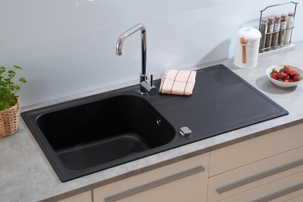 Lavello da cucina, lavello integrato, vasca in granito, 100x50 cm, nero, Respekta Orlando