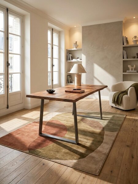 Scrivania 140x80x76 cm in legno massello di acacia / metallo, scrivania per computer con bordi naturali, scrivania da ufficio per l'home office in legno massello con gambe trapezoidali cromate, tavolo in legno per laptop, tavolo da studio