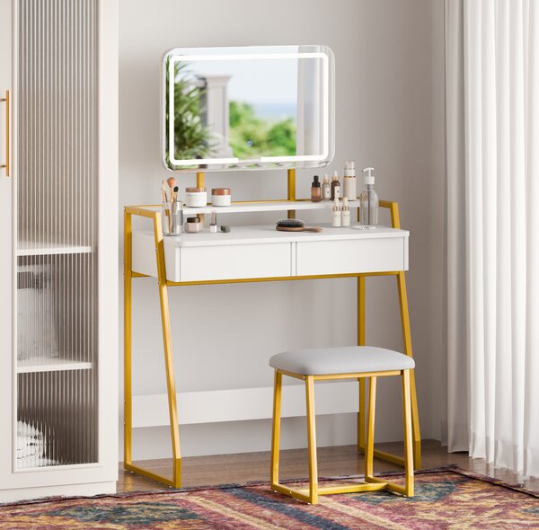 Tavolino da toilette Mondeer con illuminazione a LED e sgabello Tavolino cosmetico con 2 cassetti Tavolino da toilette