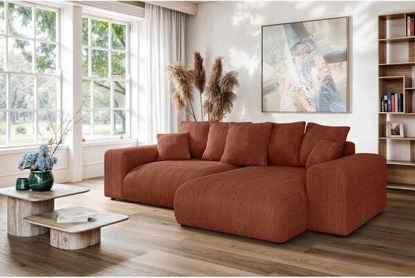 Divano angolare color mattone allungabile/con contenitore (con composizione variabile) con rivestimento in velluto a coste Luma – Ropez