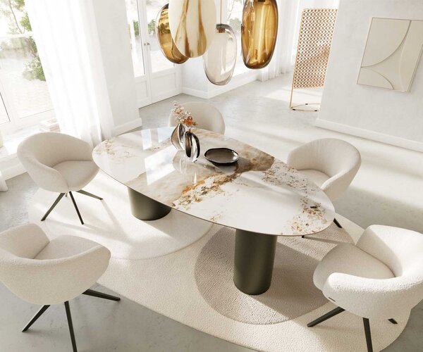 DELIFE Tavolo da pranzo Edge ovale, 220x120 cm, piano in Vetroceramica Minas Melange, finitura bianco-beige, gambe in metallo con effetto titanio