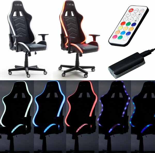 Poltrona da gioco McRACING LED, poltrona da ufficio Racer, bianco e nero