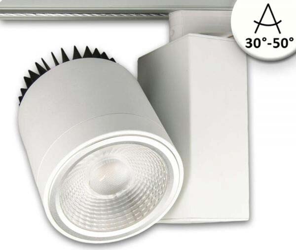 Faretto a binario trifase focalizzabile, 30W, 30°-50°, bianco opaco, 4000K, dimmerabile