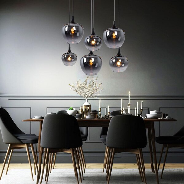 Lampada a sospensione, 6 lampadine, vetro, fumo, nero, L 86 cm