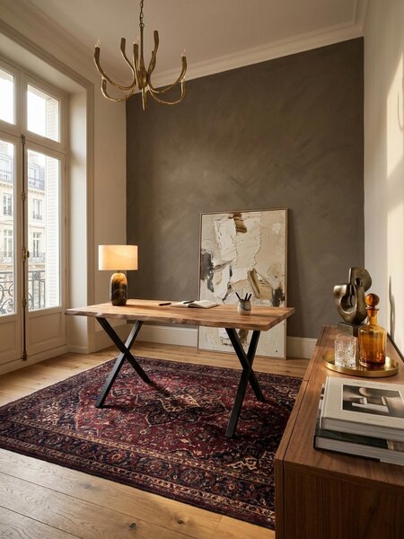Scrivania 180x90x76 cm in legno massello di acacia / metallo, scrivania per computer con bordi naturali, scrivania da ufficio per l'home office in legno massello con gambe a X in nero, tavolo in legno per laptop, tavolo da studio