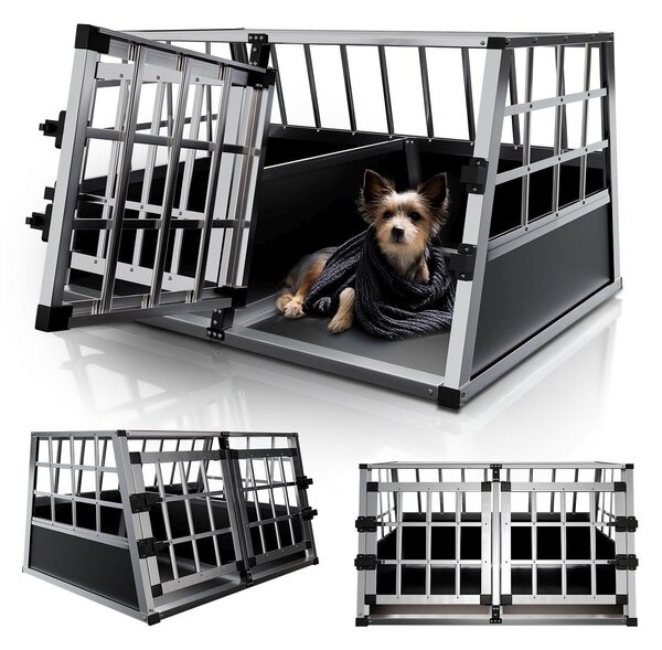 Juskys box da trasporto per cani in alluminio L-X - 89x70x51 cm - Box per cani da auto robusto e facile da pulire - Porta a rete con serratura - Box da viaggio in alluminio per cani