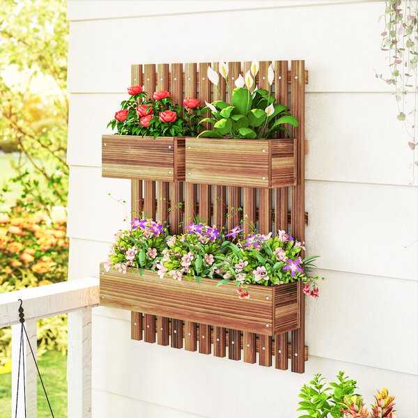 Outsunny Fioriera Verticale a Doghe con 3 Vasi Rimovibili, in Legno di Abete, 60x16x80 cm, Marrone Bruciato