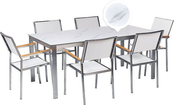 BELIANI Set da pranzo da giardino con effetto marmo Piano del tavolo bianco Telaio in acciaio inox con vetro bianco Set di 6 sedie Stile moderno per esterni