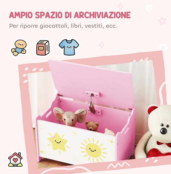 AIYAPLAY Baule Portagiochi con Coperchio per Bambini per Giocattoli e Vestiti, 60x37x39 cm, Rosa | Aosom Italy