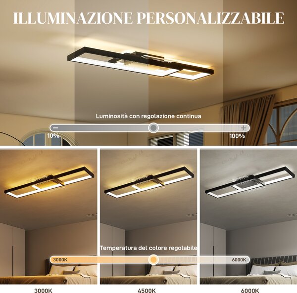 HOMCOM Lampada LED a Soffitto Dimmerabile 3000-6000K con Telecomando e Interruttore, 70x30 cm, Nero | Aosom Italy