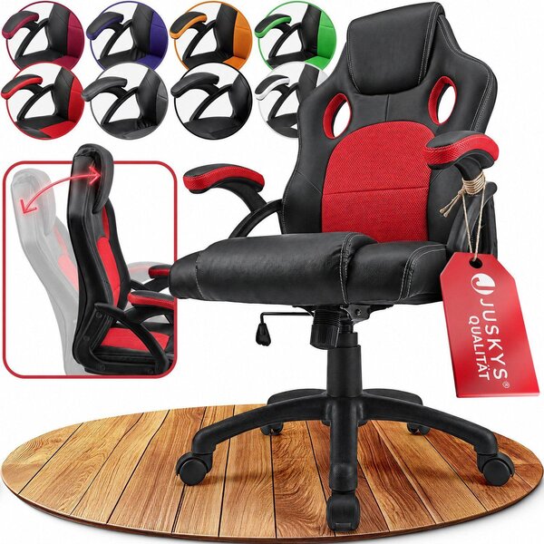Juskys Racing desk chair Montreal (rosso) - sedia da gioco ergonomica, regolabile in altezza e imbottita, fino a 120 kg - sedia da ufficio girevole