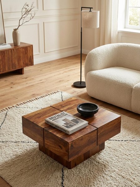Tavolino da salotto 57,5x57,5x30 cm in legno massello di sheesham Tavolino quadrato, tavolino da salotto di design Tavolino da caffè massiccio, tavolino da salotto moderno