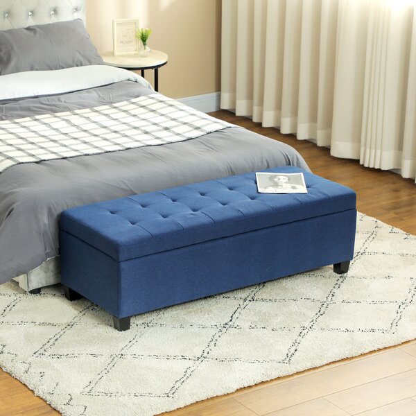 HOMCOM Banco portaoggetti 94,5L panca fine letto in tessuto effetto lino e gambe in legno, 125 x 49 x 41,5 cm, blu | Aosom Italy