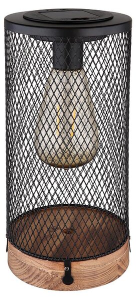 Lampada da tavolo solare a LED, in legno, con griglia metallica nera, altezza 25,5 cm