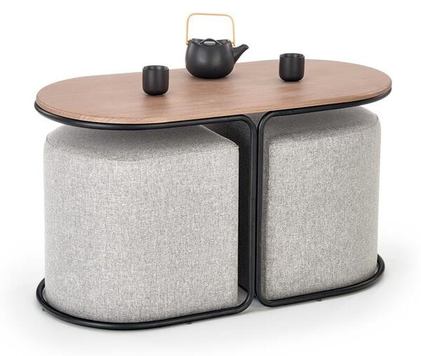 Set Tavolini da caffè e 2 Pouf Pampa in noce/grigio