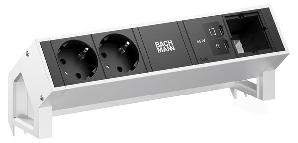 Scrivania BACHMANN DESK2, 2 prese CEE7/3, 1 porta USB-C con ricarica da 45W, 1 cavo di alimentazione CM, lunghezza 0,2 metri, acciaio inossidabile