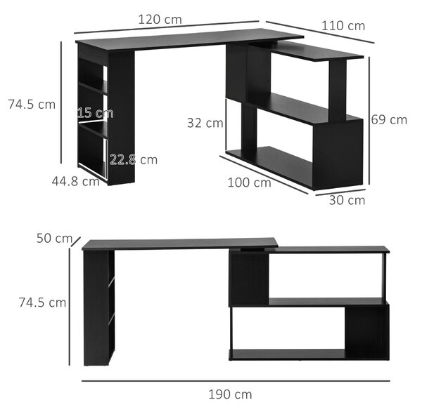 HOMCOM Scrivania Angolare con Piano Girevole a 360° e 5 Ripiani, 120x110x74.5 cm, Nero | Aosom Italy