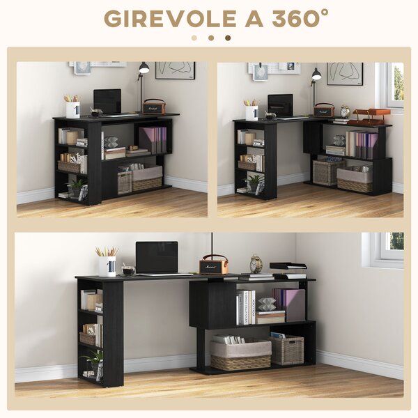 HOMCOM Scrivania Angolare con Piano Girevole a 360° e 5 Ripiani, 120x110x74.5 cm, Nero | Aosom Italy