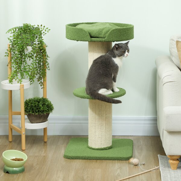 PawHut Albero per Gatti 91cm Albero Gioco con Letto per Gatti, Piattaforma Lana d'Agnello Verde | Aosom Italy