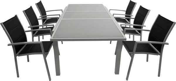 Set da giardino DEGAMO PISA, 7 pezzi, alluminio argento + tessuto sintetico nero, 6 poltrone impilabili, 1 tavolo allungabile 180/240 x 100 cm
