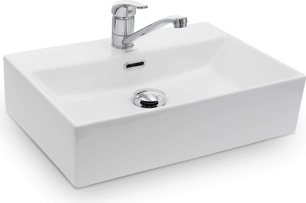 VILSTEIN Lavabo in Vetroceramica - Lavabo da appoggio per il bagno - Lavabo sospeso in Vetroceramica - Angolare - 51cm x 36cm x 13cm - Bianco