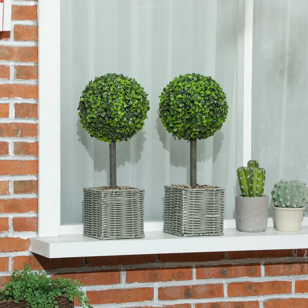 HOMCOM Set da 2 Piante Artificiali Decorative, Sfere di Bosso Artificiale 50 cm con Vaso in Plastica Intrecciata e Ciottoli, Verde | Aosom Italy