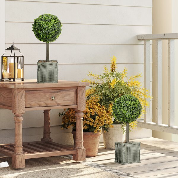 HOMCOM Set da 2 Piante Artificiali Decorative, Sfere di Bosso Artificiale 50 cm con Vaso in Plastica Intrecciata e Ciottoli, Verde | Aosom Italy