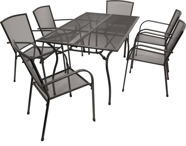 Set da giardino DEGAMO CLASSIC, 7 pezzi, in lamiera stirata antracite (6 poltrone impilabili + 1 tavolo 90x150 cm)