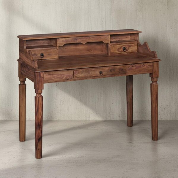 Scrivania in legno massello di sheesham, secrétaire 115 x 100 x 60 cm con 3 cassetti, consolle in stile rustico