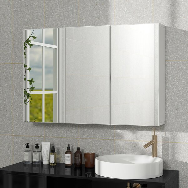 HOMCOM Mobiletto con Specchio da Bagno, Mobiletto da Bagno con 3 Porte Specchiate, Montaggio a Parete, 90 x 15,5 x 60 cm, Truciolato, Bianco | Aosom Italy