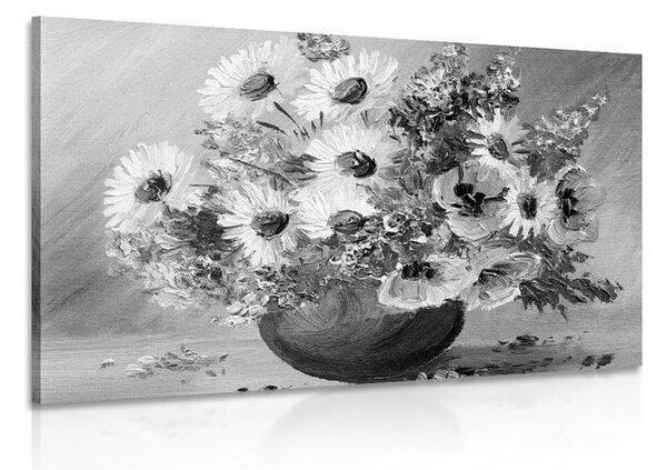 Stampa su tela – Dipinto a olio di fiori estivi in bianco e nero