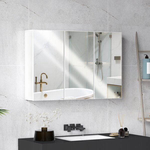 HOMCOM Mobiletto con Specchio da Bagno, Mobiletto da Bagno con 3 Porte Specchiate, Montaggio a Parete, 90 x 15,5 x 60 cm, Truciolato, Bianco | Aosom Italy