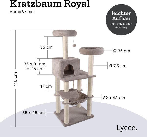Albero per gatti Lycce Kratzbaum, grande e multistrato, completo di 10 pilastri per graffiare completamente rivestiti in sisal, una cuccia, un'amaca, 4 piattaforme, una pallina di peluche, molto stabile, salvaspazio, colore: grigio