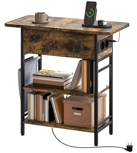 HOMCOM Tavolino Comodino con Striscia Presa, 2 Ripiani, Porte USB Spazio di Stoccaggio 60 x 29,8 x 58,5 cm Marrone Rustico | Aosom Italy