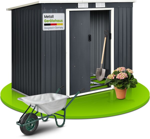 Capannone in metallo Juskys M con tetto a una falda, porta scorrevole e fondamenta - 4 m³ - antracite