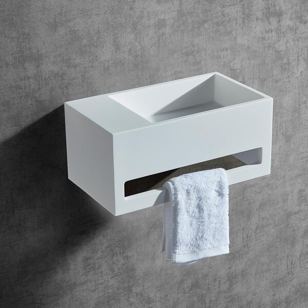 Lavabo BA2105 - Resina minerale - Bianco opaco - 35,5 x 20 x 16 cm - Finitura selezionabile, copri scarico aggiuntivo: con copri scarico aggiuntivo in bianco, finitura lavabo: piano di appoggio a sinistra