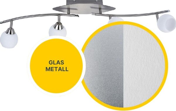 Plafone LED D123 | 4 faretti LED orientabili | nichel opaco | vetro bianco rigato | bianco caldo 3000K | MeLiTec