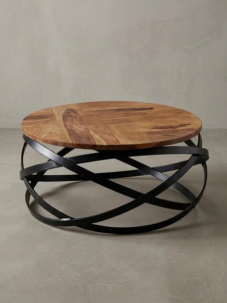 Tavolino industriale con piano in legno massiccio e struttura in metallo, per un soggiorno moderno, completamente assemblato. 60x60x30 cm | Kadima Design