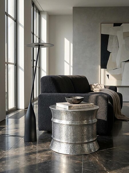 Tavolino da salotto 62x41x62 cm in alluminio argento Tavolino orientale rotondo | Tavolino da salotto piatto martellato in metallo | Tavolino da salotto moderno di design | Tavolino da salotto indiano piccolo