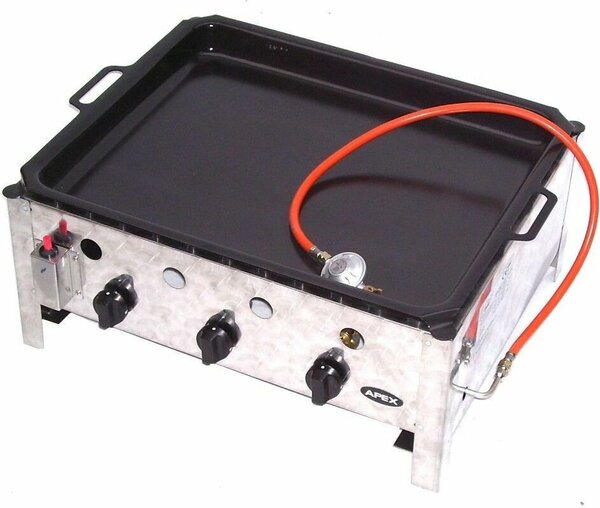 55510 + Padella 504 GRIGLIA A GAS IN ACCIAIO INOX 10 kW a 3 fuochi SET GRIGLIA A GAS GRIGLIA BBQ Carrello per barbecue Padella SET 3