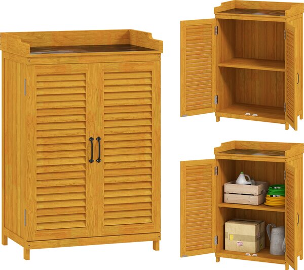 Armadietto da giardino in legno Outsunny, ripostiglio per attrezzi con piano di lavoro, resistente alle intemperie, 65,5 x 40 x 98,5 cm, ripostiglio con porta a lamelle, ripiani, armadietto per attrezzi da giardino, per giardino e terrazza, giallo