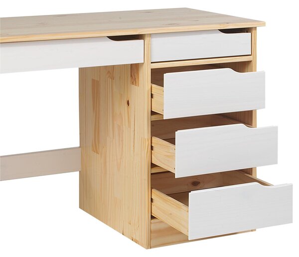 Scrivania HUGO in legno massello di pino, finitura naturale/bianca, elegante scrivania per studenti con 5 cassetti, pratica scrivania da ufficio dotata di una traversa trasversale per una maggiore stabilità