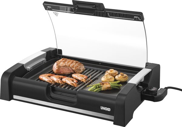 Unold 58535 Barbecue Grill Edel - grill da tavolo, nero, coperchio in vetro, ampia superficie di grigliatura, superficie di grigliatura combinata, rigata e liscia, Vetroceramica