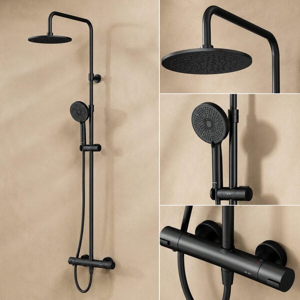 Sistema doccia AM.PM con termostato, doccia a pioggia Ø 25 cm, miscelatore termostatico per doccia, set completo con colonna doccia, tecnologia Air-in, colore nero, modello F078Y422