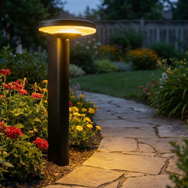 Lampione solare a colonna in alluminio nero, con LED SMD ad alta luminosità (300 lm), sensore di crepuscolo e resistente alle intemperie, ideale per l'illuminazione moderna del giardino